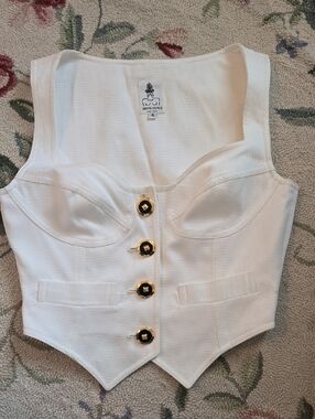 GEMMA KAHNG White Bustier Corset Top with Gold Buttons  SIZE 4